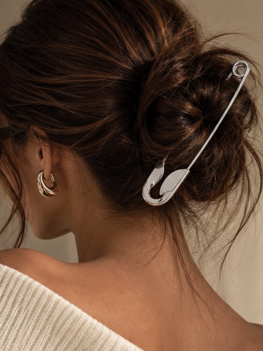 Oversized Silver Safety Pin Hair Clip Sculptural Bun Hair Accessory for Women